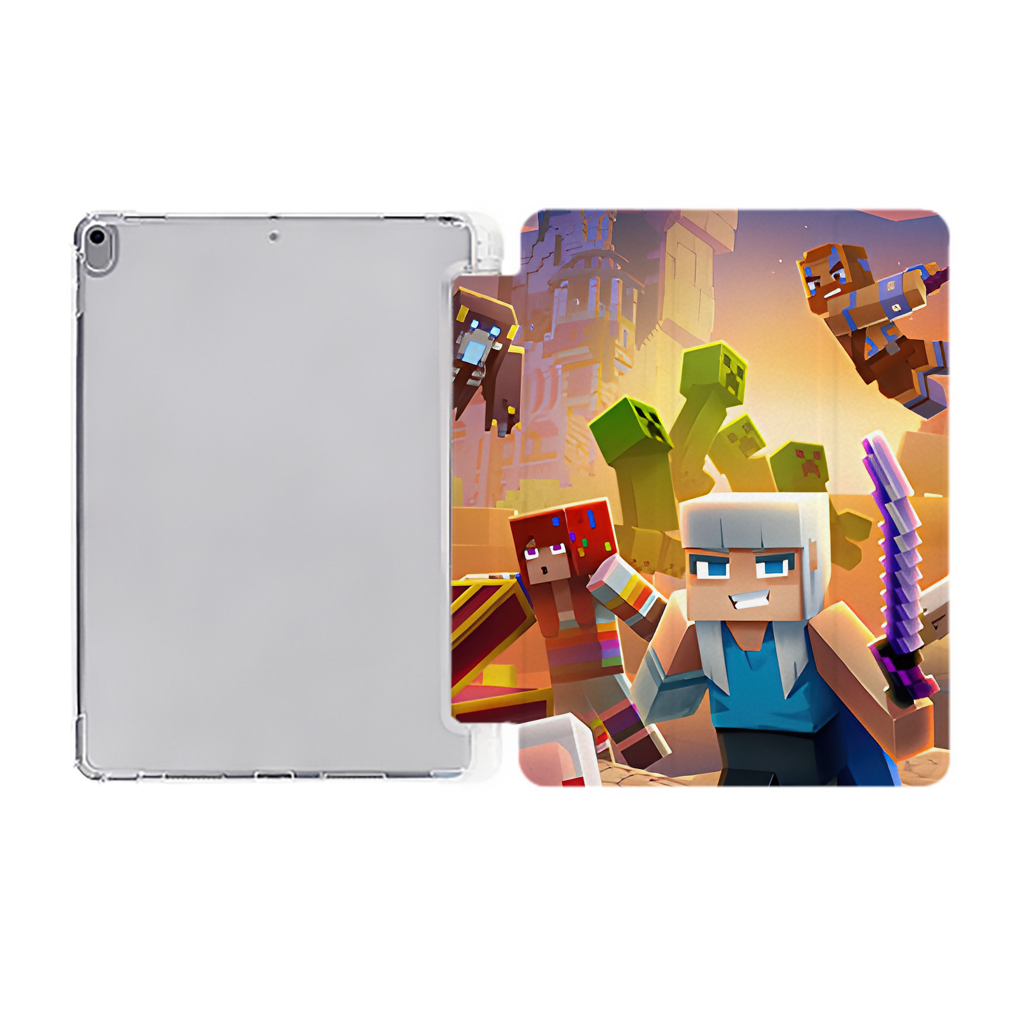 （画像用） マインクラフト ブロックの世界 Minecraft MC Block world IPad ケース ペン収納付き 三つ折りスタンド PUレザー×シリコン 対応機種9.5/10.5/10.9インチ